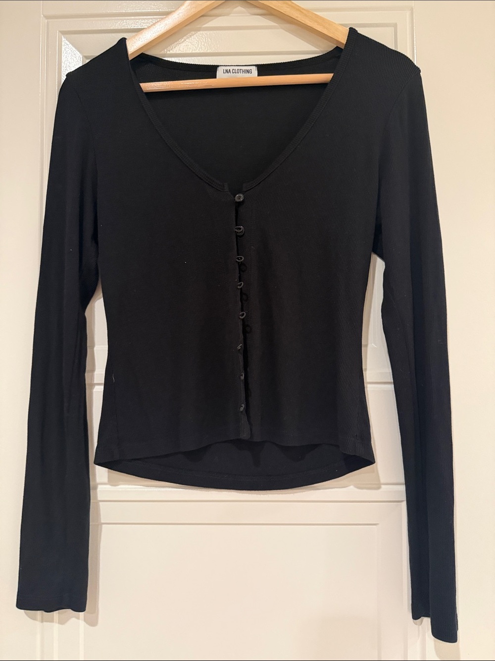 LNA Black Ribbed Long-Sleeve Button Front Top